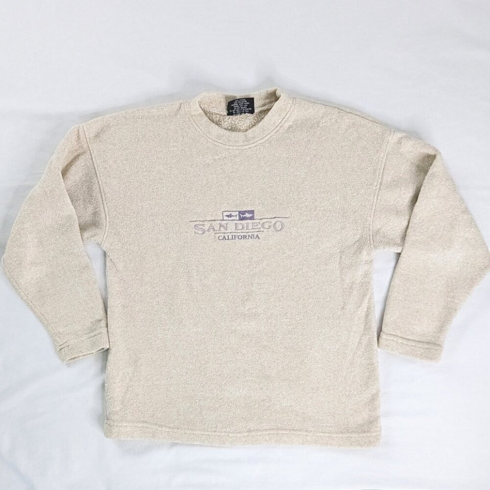 VTG Cream Terry Knit Teddy Textured San Diego Embroidered Crewneck Sweatshirt